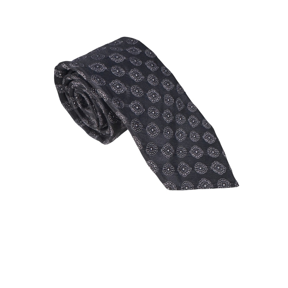 Canali Mens Silk Necktie‎ Charcoal Black Silver Medallion Floral Made in Italy